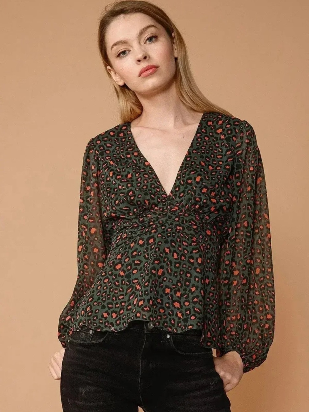 Women’s Green & Coral Leopard Print V-Neck Blouse
